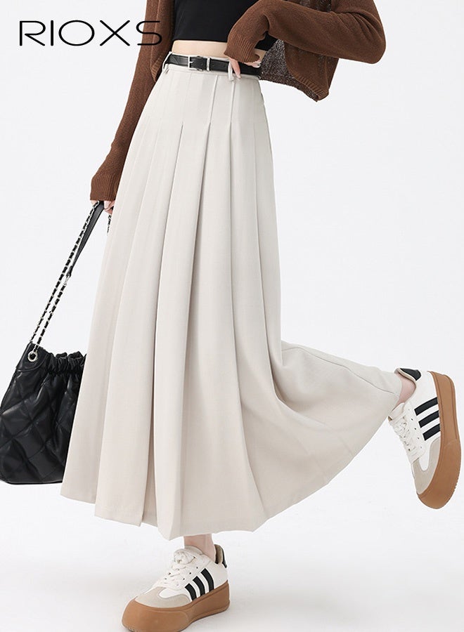 RIOXS Women's Pleated A-line Maxi Skirt, Fall High Waisted Ankle Length Pleated Tennis Skirts with Belt, Casual Long Suit Skirt for Office Business Dating, Apricot - Image 5